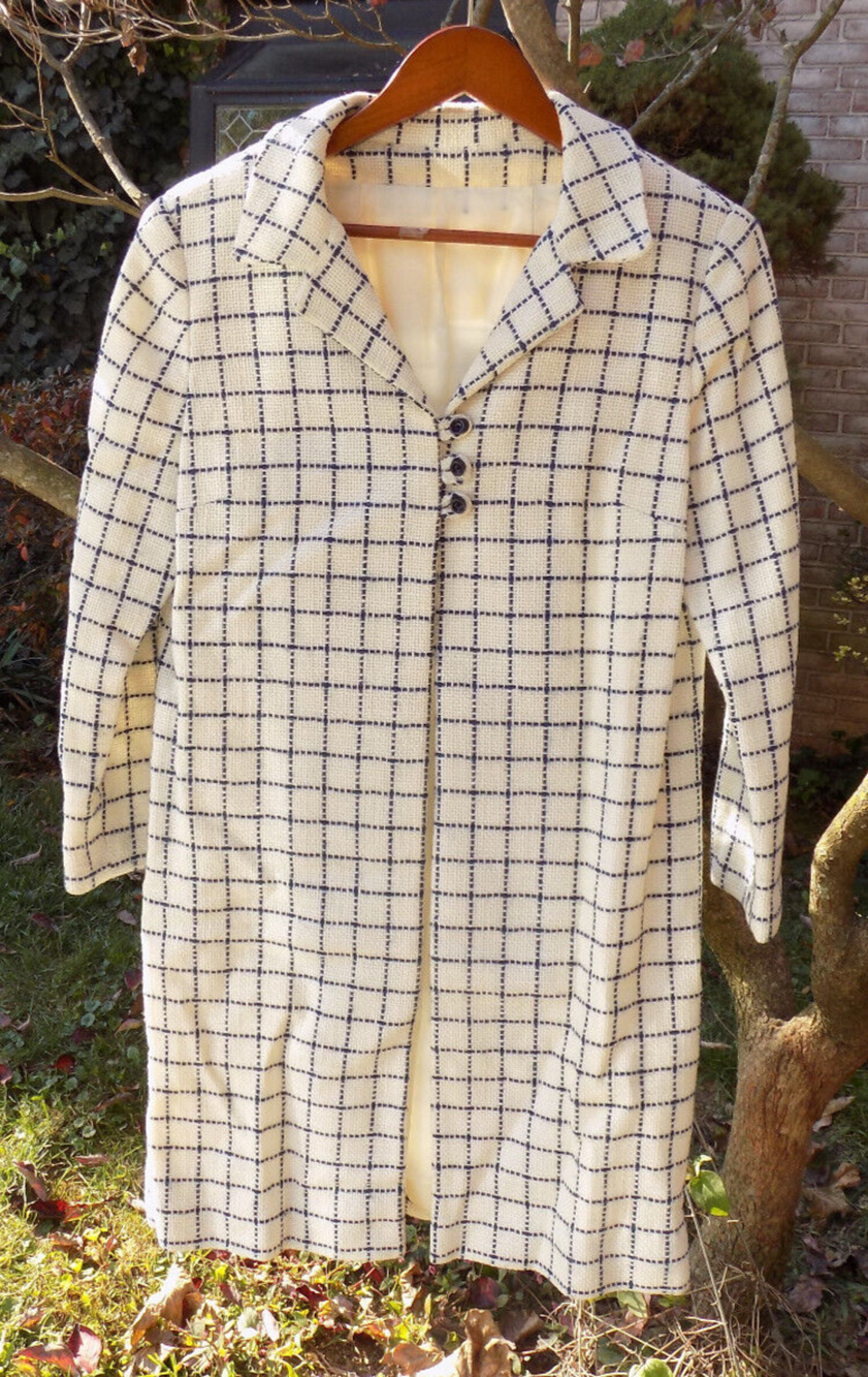 Vtg 60s EUC handmade Custom Ivory Navy Plaid Long over Coat FABULOUS Sz S SWEET!